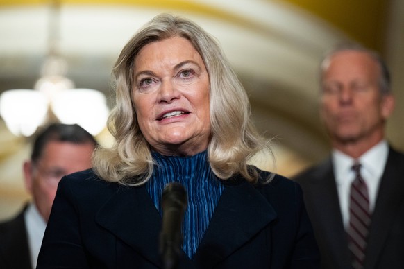 U.S. Senator Cynthia Lummis, R-WY, speaks at a press conference following the weekly Senate policy luncheon in the US Capitol in Washington, DC on Tuesday, May 20, 2025. . PUBLICATIONxINxGERxSUIxAUTxH ...