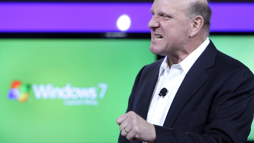 Microsoft CEO Steve Ballmer delivers his remarks at the Windows 7 launch event in New York, Thursday, Oct. 22, 2009. (AP Photo/Richard Drew)