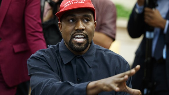 FILE - Rapper Kanye West speaks during a meeting in the Oval Office of the White House with President Donald Trump, Thursday, Oct. 11, 2018, in Washington. Kanye West was escorted out of the Californi ...