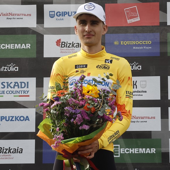 epa12873726 Decathlon CMA CGM Team rider Paul Seixas of France celebrates on the podiuma after winning the second stage of the Basque Country cycling tour, a 164 km race between Pamplona and Cuevas de ...