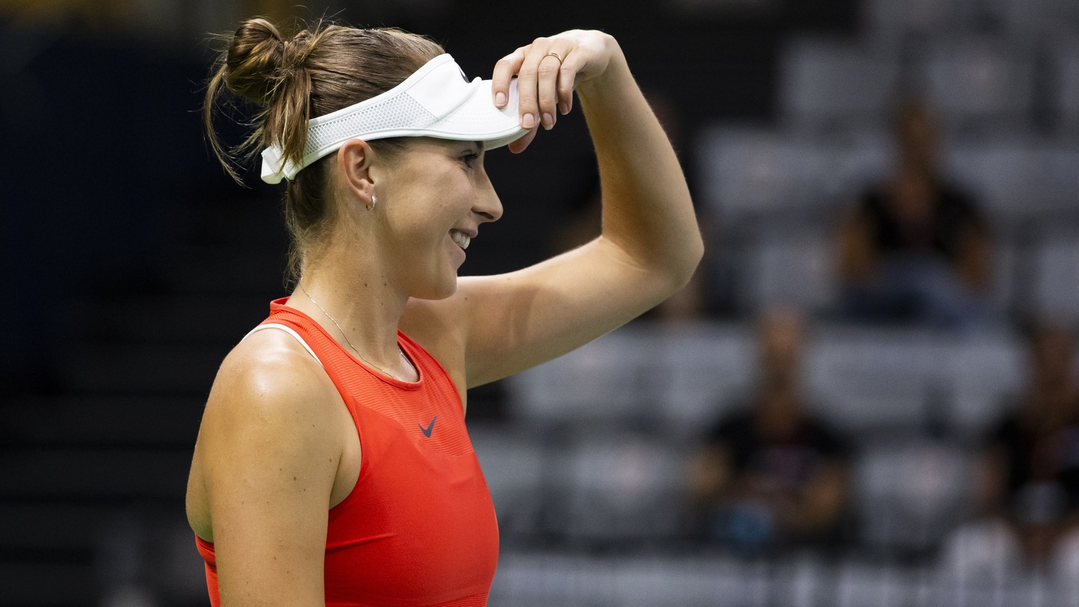 epa08565836 Belinda Bencic of Switzerland reacts during her match against Jil Teichmann of Switzerland at the Tennis Securitas Pro Cup in the Swiss Tennis Arena in Biel, Switzerland, 25 July 2020. EPA ...