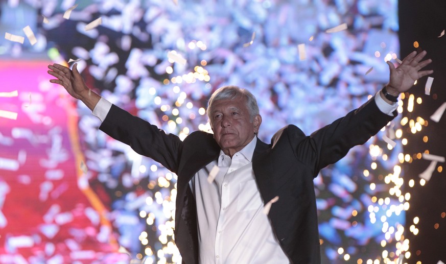 epa06846156 Movimiento Regeneracion Nacional (Morena) candidate Andres Manuel Lopez Obrador speaks during the closure of his electoral campaign in Mexico City, Mexico, 27 June 2018. Around 89 million  ...