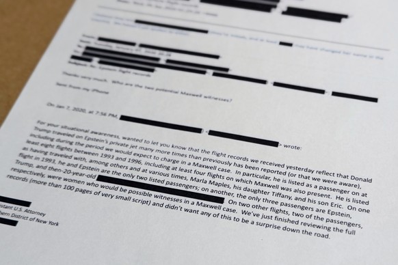 An email that was included in the U.S. Department of Justice release of the Jeffrey Epstein files is photographed Monday, Dec. 22, 2025. (AP Photo/Jon Elswick)
Justice Department Jeffrey Epstein