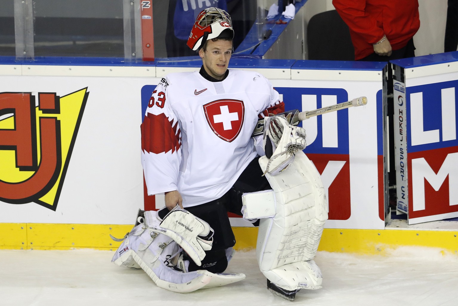 Switzerland&#039;s goalkeeper Leonardo Genoni reacts at the end of the Ice Hockey World Championships quarterfinal match between Canada and Switzerland at the Steel Arena in Kosice, Slovakia, Thursday ...