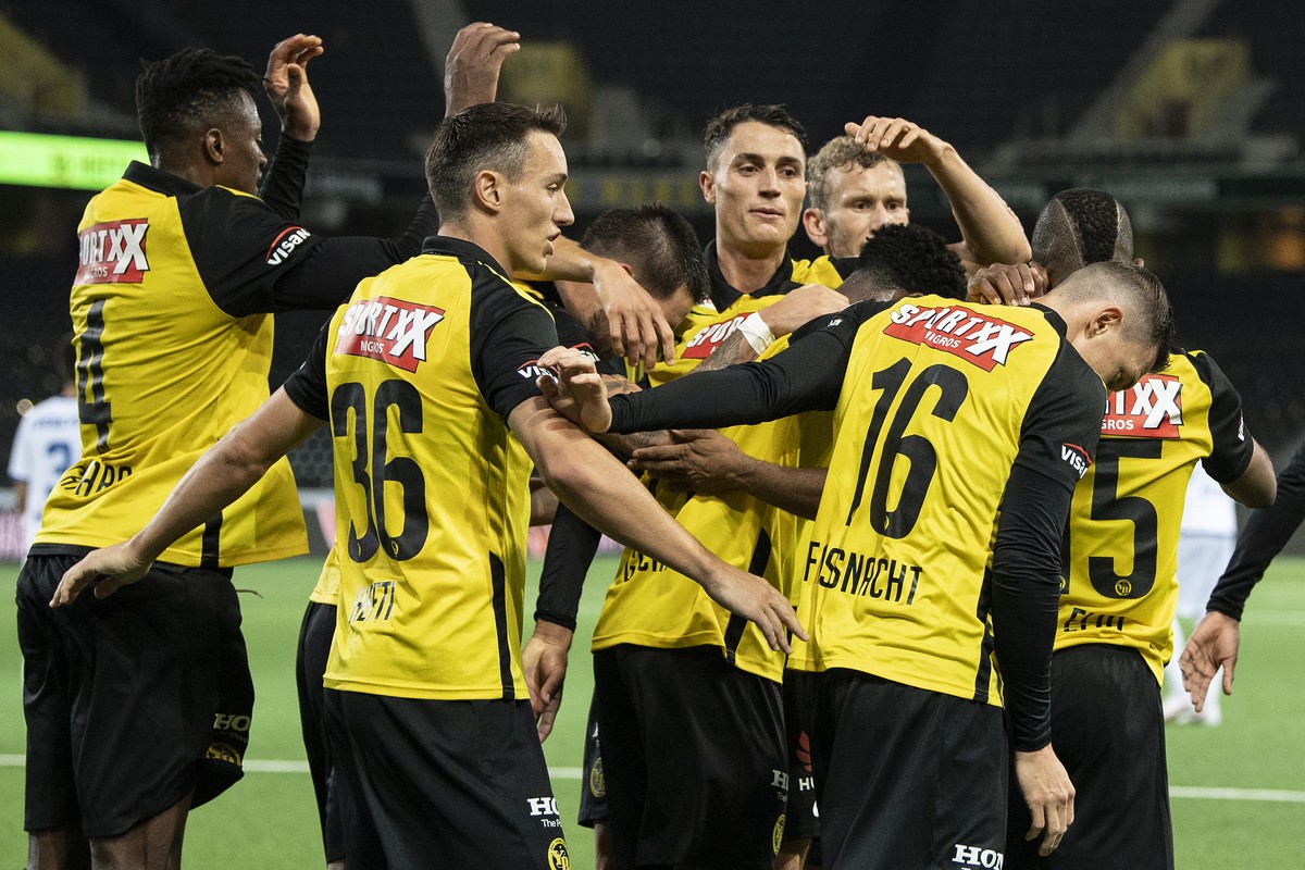 Young Boys� player celebrate their first goal during a UEFA Europa League play off soccer match between Switzerland's BSC Young Boys and Albanias KF Tirana, on Wednesday, October 1, 2020, at the  ...