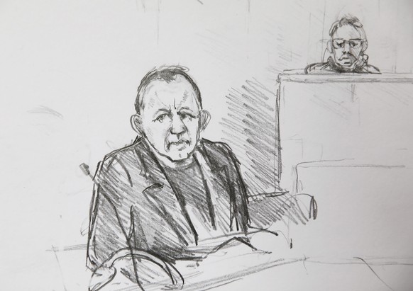 A courtroom sketch shows Peter Madsen during the trial regarding the killing of Swedish journalist Kim Wall in Copenhagen, Denmark, Wednesday, April 25, 2018. Danish inventor Peter Madsen has been sen ...