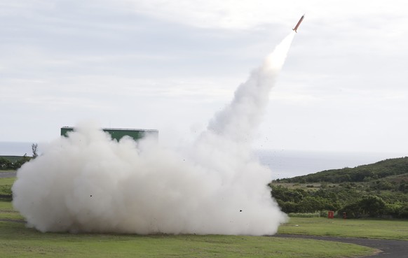 A MIM-104C (PAC-2) Patriot short-range anti-aircraft missile launches from Pingtung County, Southern Taiwan, Tuesday, Aug. 20, 2024. (AP Photo/Chiang Ying-ying)