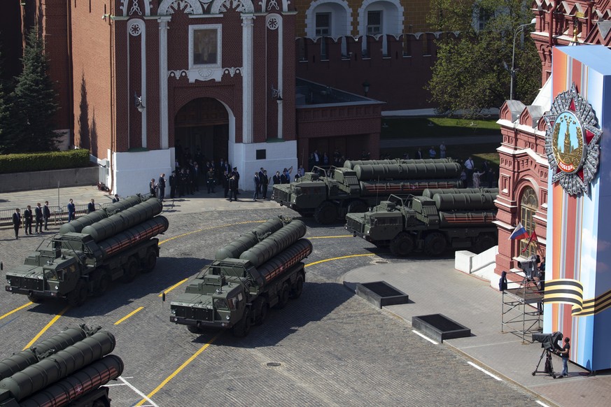 Russian S-400 anti-aircraft missile systems roll down Red Square during a rehearsal for the Victory Day military parade in Moscow, Russia, Tuesday, May 7, 2019 . The parade will take place at Moscow&# ...