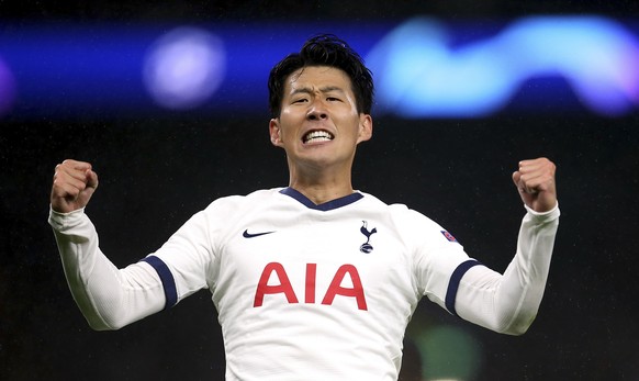 Tottenham&#039;s Son Heung-min celebrates scoring a goal during the Champions League group B soccer match against Bayern Munich at the Tottenham Hotspur stadium in London, Tuesday, Oct. 1, 2019. (Stev ...