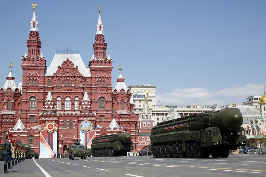 FILE - Russian ICBM missile launchers move during the Victory Day military parade marking 71 years after the victory in WWII in Red Square in Moscow, Russia, May 9, 2016. Russian President Vladimir Pu ...