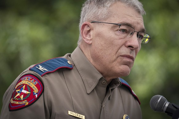 Texas Department of Public Safety Director Steven McCraw speaks during a press conference held outside Robb Elementary School on Friday, May 27, 2022, in Uvalde, Texas. Nearly 20 officers stood in a h ...