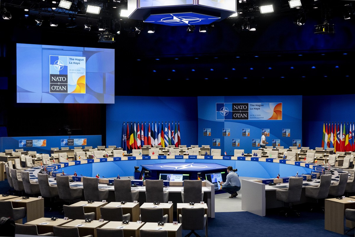 epa12192902 A general view of the meeting room at the World Forum ahead of the NATO summit, in The Hague, the Netherlands, 23 June 2025. The Netherlands will host the NATO Summit at the World Forum in ...