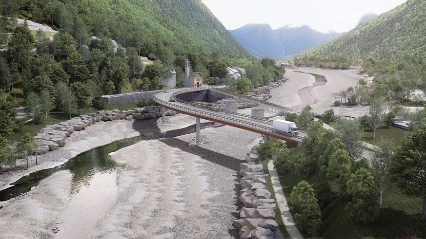 Rendering der neuen Visletto-Brücke, die bei Cevio über die Maggia führt und bereits 2026 in Betrieb genommen werden soll.