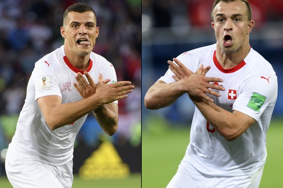 A combo of two pictures shows the celebration for the first goal of Switzerland's midfielder Granit Xhaka, left, and the victory goal of Switzerland's midfielder Xherdan Shaqiri, right, both ...