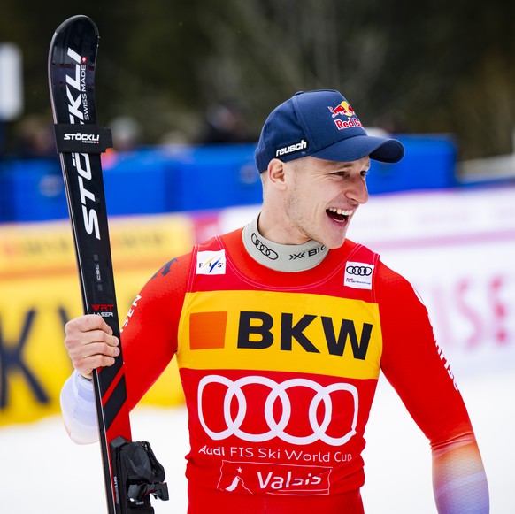 Winner Marco Odermatt of Switzerlandand, celebrates during the podium ceremony of the men&#039;s Super-G race at the Alpine Skiing FIS Ski World Cup, in Crans-Montana, Switzerland, Sunday, February 23 ...