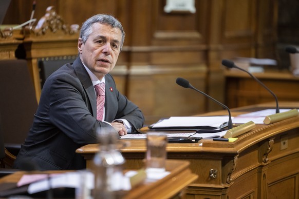 Bundesrat Ignazio Cassis spricht zur Kleinen Kammer, an der Sommersession der Eidgenoessischen Raete, am Montag, 12. Juni 2023 im Staenderat in Bern. (KEYSTONE/Alessandro della Valle)