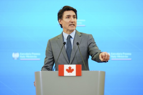 Prime Minister Justin Trudeau takes part in a joint press conference with Polish Prime Minister Donald Tusk (not shown) at the Chancellery of the Prime Minister in Warsaw, Poland on Tuesday, Jan. 28,  ...