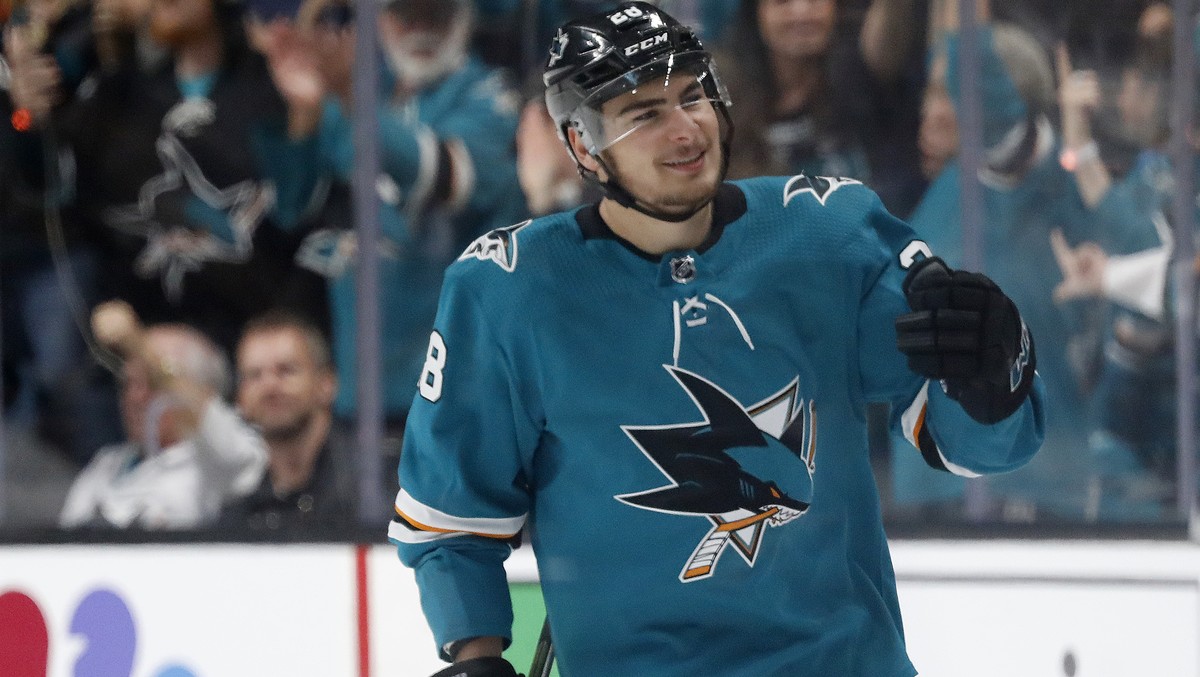 San Jose Sharks' Timo Meier celebrates a goal against the St. Louis Blues in the second period in Game 1 of the NHL hockey Stanley Cup Western Conference finals in San Jose, Calif., Saturday, May ...