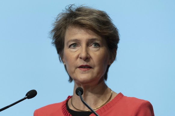 Bundesraetin Simonetta Sommaruga spricht an der Nationalen Konferenz Digitale Schweiz 2019 im Congress Center in Basel, am Montag, 2. September 2019. (KEYSTONE/Georgios Kefalas)