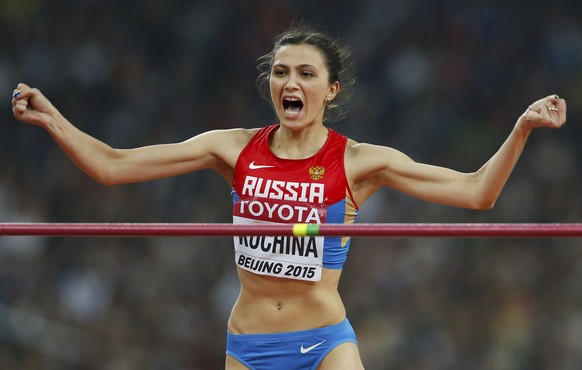 Maria Kuchina of Russia reacts during the women&#039;s high jump final at the 15th IAAF World Championships at the National Stadium in Beijing, China, August 29, 2015. REUTERS/Kim Kyung-Hoon