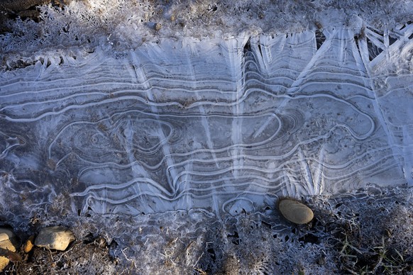 Frost patterns cover a patch of ground near the home of Millaray Huichalaf, a Mapuche machi, or healer and spiritual guide, in Carimallin, southern Chile, on Saturday, June 25, 2022. (AP Photo/Rodrigo ...