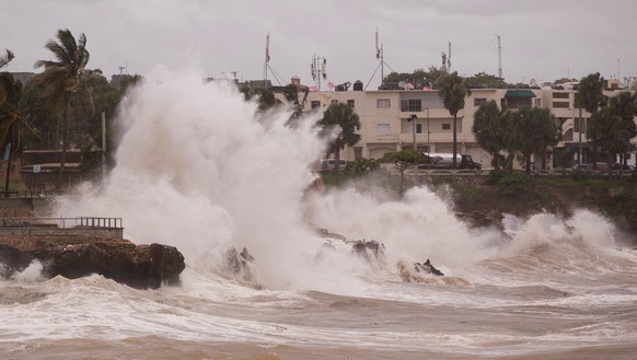 epa09320785 A view of intense waves in the avenue of the Malecon, during the passage of tropical storm Elsa in Santo Domingo, Dominican Republic, 03 July 2021. The winds of Elsa, the first hurricane o ...