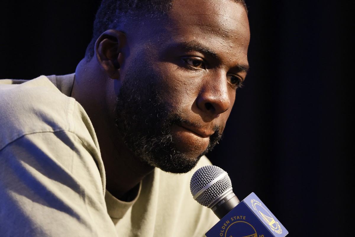 Golden State Warriors' Draymond Green speaks during an NBA basketball news conference Saturday, Oct. 8, 2022, at Chase Center in San Francisco, Calif.. Green made a statement and took questions f ...
