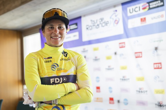The winner of The Tour de Romandie Feminin Elise Chabbey from Switzerland of team FDJ - Suez, poses for the photographer after the third and last stage, a 122,1 km race around Aigle at the 4rd Tour de ...