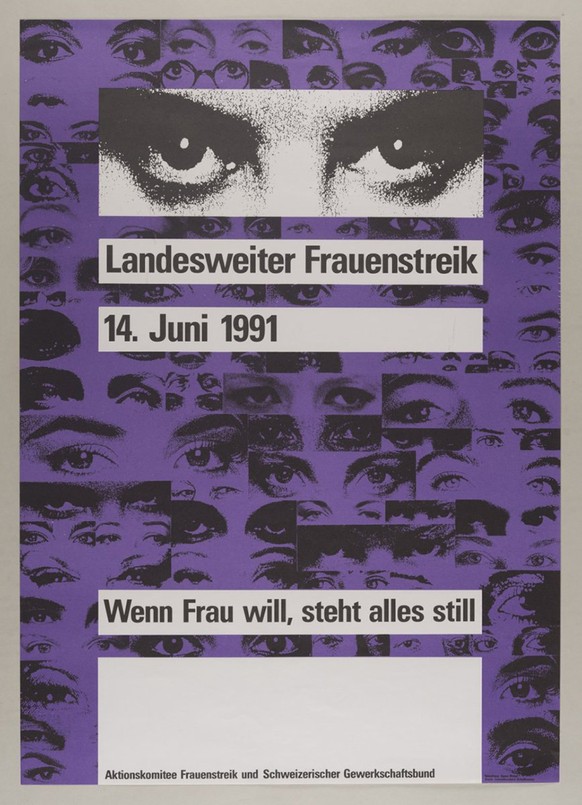 Plakat zum landesweiten Frauenstreik vom 14. Juni 1991. Das Sujet stammt von Grafikerin Agnes Weber.