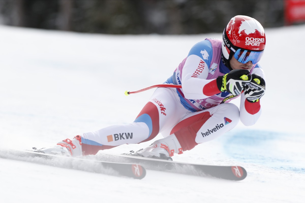 Switzerland's Loic Meillard skis during a Men's World Cup super-G skiing race Friday, Dec. 6, 2019, in Beaver Creek, Colo. (AP Photo/Robert F. Bukaty)