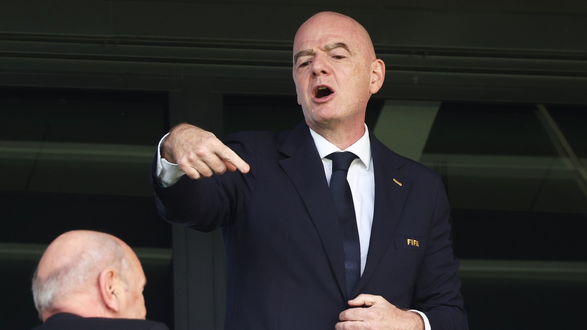 FIFA President Gianni Infantino attends the opening game of the Women's U20 World Cup opening match between Poland and Argentina in Katowice, Poland, Saturday, Sept. 5, 2026. (AP Photo/Beata Zawr ...