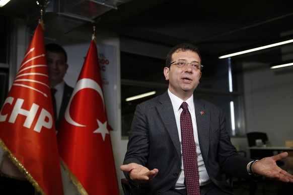 Ekrem Imamoglu, the opposition, Republican People&#039;s Party&#039;s (CHP) mayoral candidate in Istanbul, talks to The Associated Press in Istanbul, Thursday, April 4, 2019. Imamoglu said he&#039;s c ...