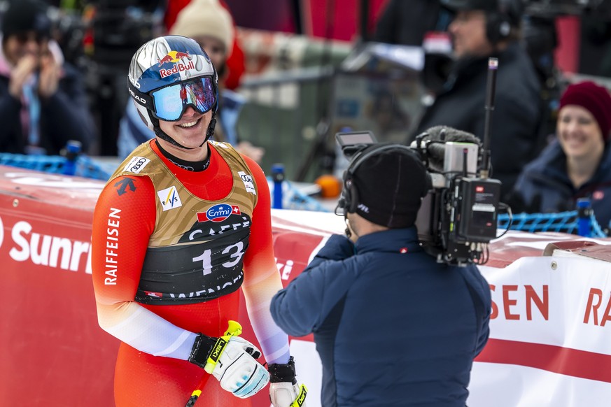 Franjo Von Allmen of Switzerland reacts in the finish area during the men's Downhill race at the Alpine Skiing FIS Ski World Cup, in Wengen, Switzerland, Saturday, January 17, 2026. (KEYSTONE/Pet ...