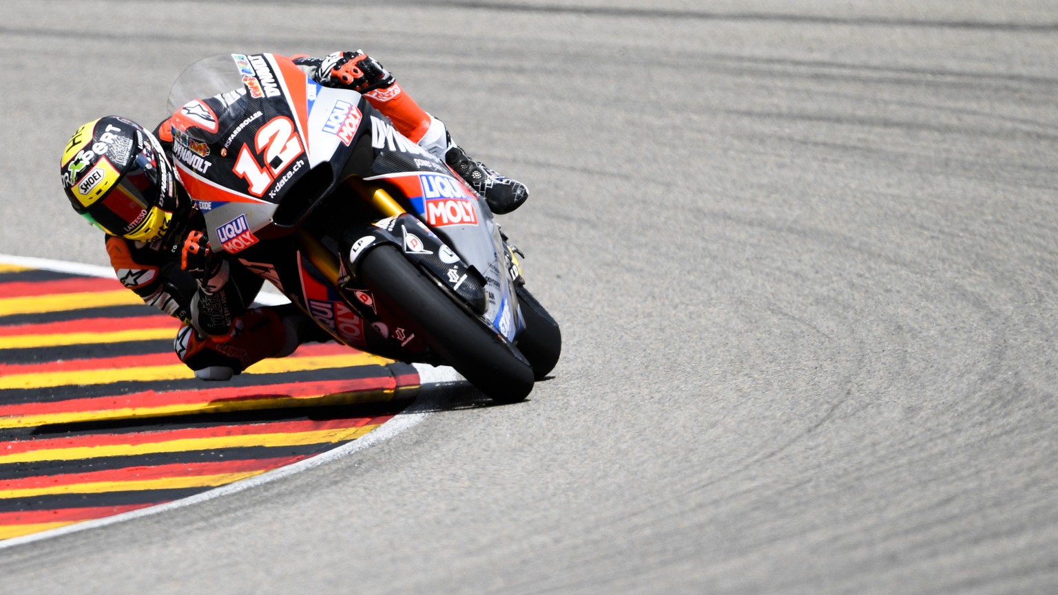 Switzerland&#039;s Thomas Luthi steers his motorcycle during the Moto2 race at German Motorcycle Grand Prix at the Sachsenring circuit in in Hohenstein-Ernstthal, Sunday, July 7, 2019. (AP Photo/Jens  ...