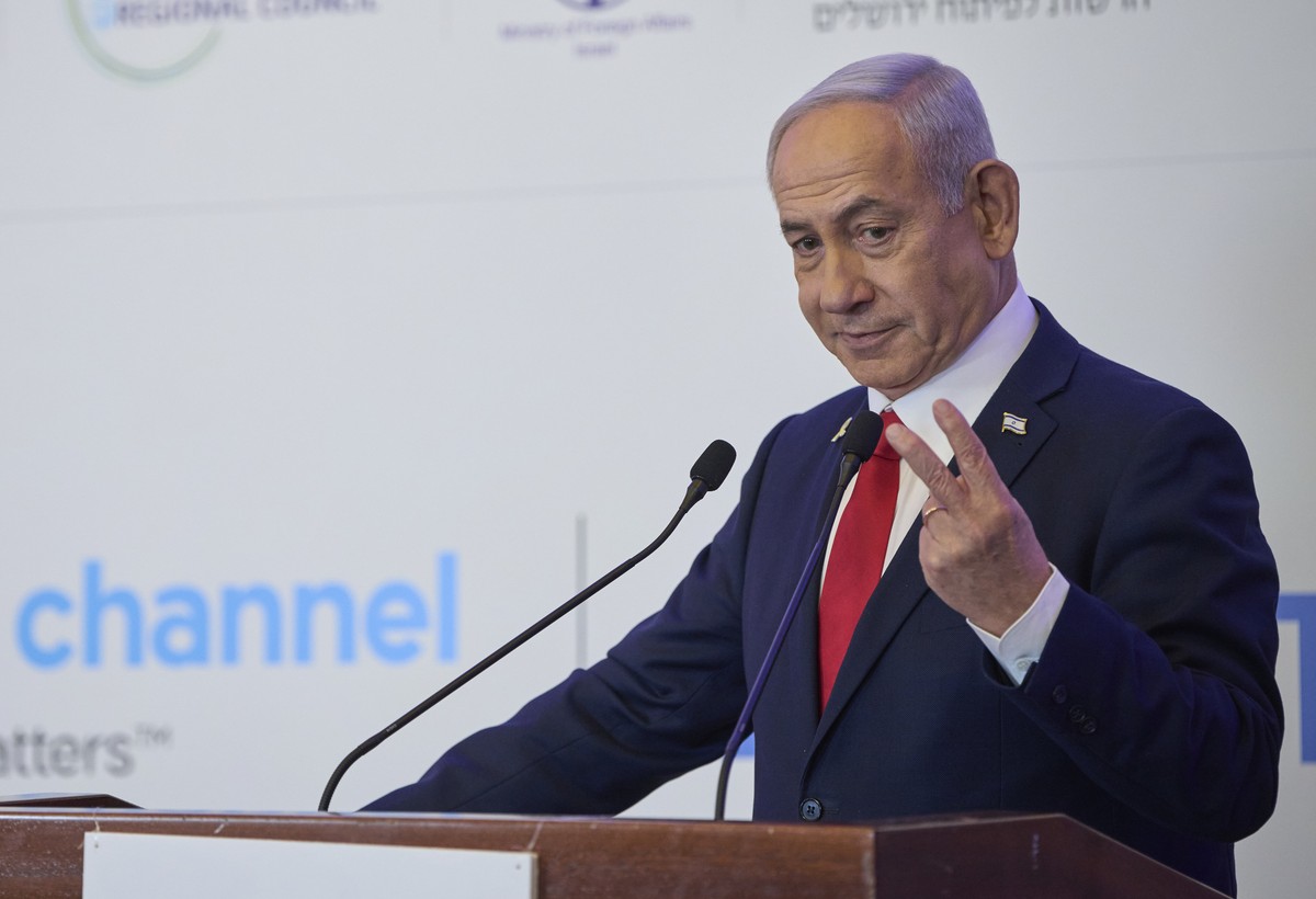 Israeli Prime Minister Benjamin Netanyahu speaks to the audience at a conference in Jerusalem, Sunday, July 27, 2025. (AP Photo/Ohad Zwigenberg)
Israel