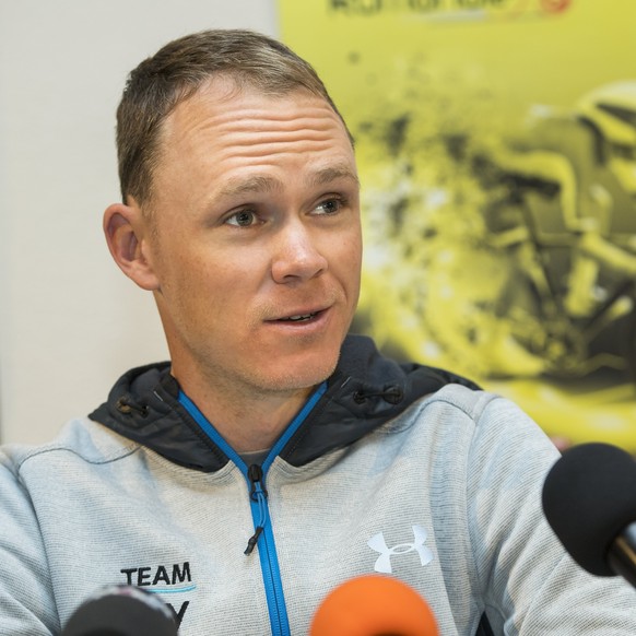 epa05925560 British Chris Froome of team Sky Procycling speaks during a press conference for the 71th Tour de Romandie UCI ProTour cycling race in Lavey-les-bains, Switzerland, Monday, April 24, 2017. ...