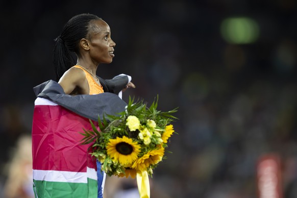 Beatrice Chebet of Kenya celebrates after winning the 5000m Women during the World Athletics Diamond League Weltklasse Zurich athletics meeting at the Letzigrund stadium in Zurich, Switzerland, on Thu ...