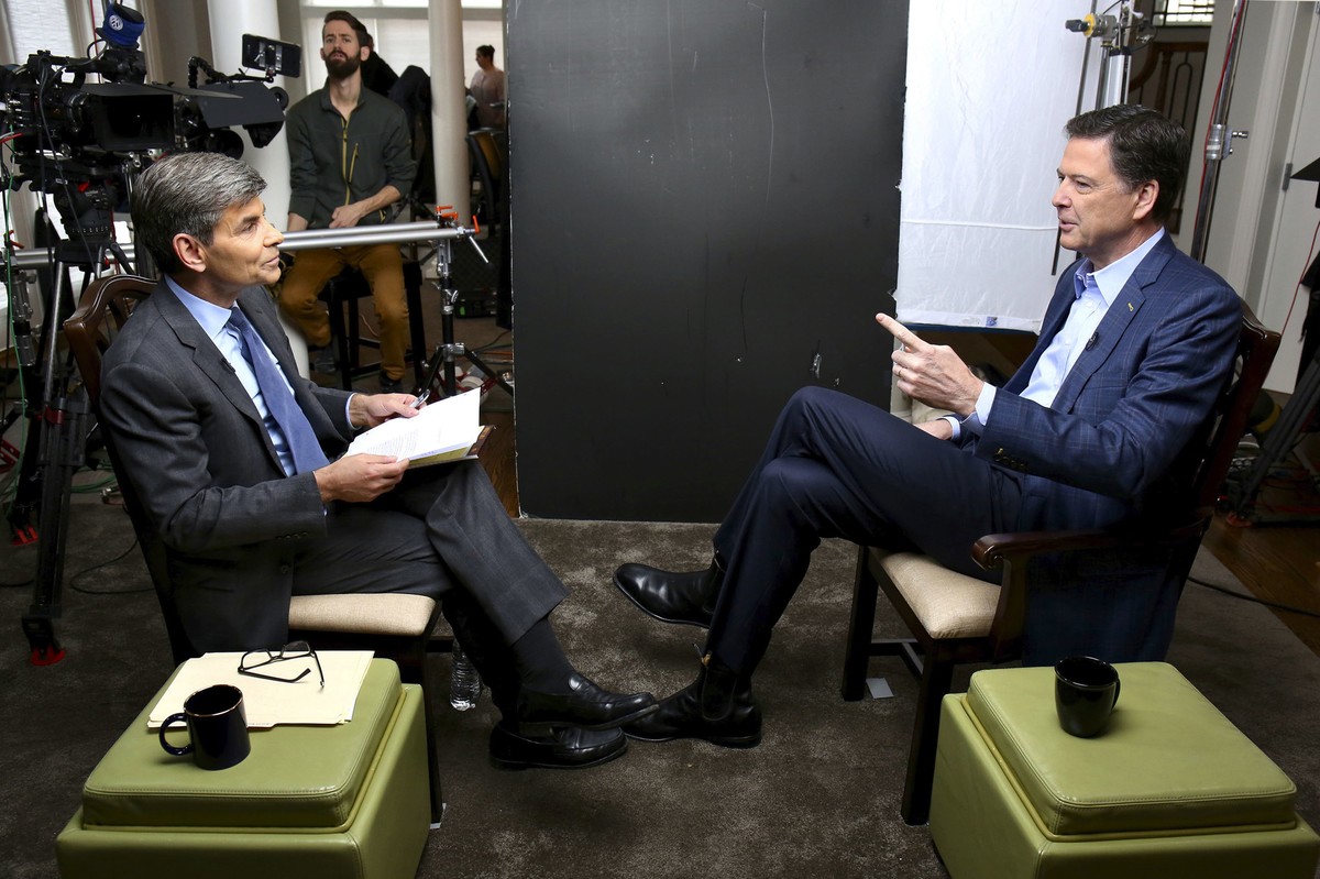 In this image released by ABC News, correspondent George Stephanopoulos, left, appears with former FBI director James Comey for a taped interview that will air during a primetime "20/20" spe ...