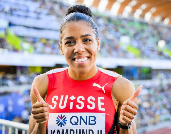 Mujinga Kambundji of Switzerland reacts for the women&#039;s 200 meters semi-final during the IAAF World Athletics Championships, at the Hayward Field stadium, in Eugene, United States, Tuesday, July  ...