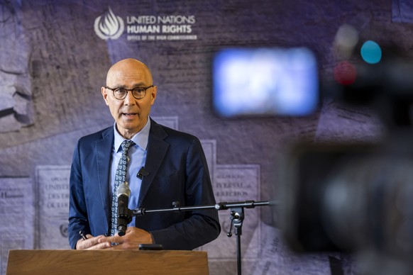 UN High Commissioner for Human Rights Volker Turk (Tuerk), speaks to the media, at the Office of the United Nations High Commissioner for Human Rights (OHCHR) Palais Wilson, in Geneva, Switzerland, We ...