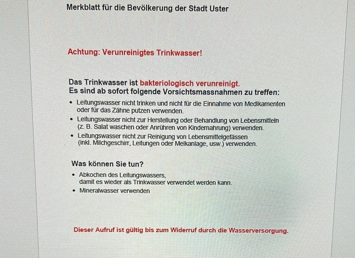 Uster Trinkwasser Leitungswasser verunreinigt