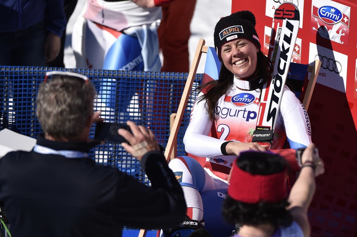 Fraenzi Aufdenblatten of Switzerland reacts in the finish area during after her last course during the women's downhill race at the FIS Alpine Ski World Cup finals, in Parpan-Lenzerheide, Switzer ...