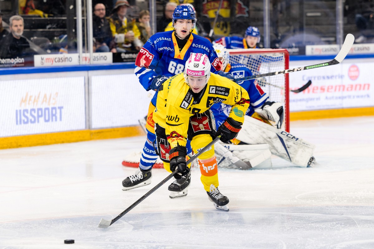 Thierry Schild (SCB), vorne, gegen Fabrice Herzog (EVZ) im Spiel der Eishockey National League zwischen dem EV Zug, EVZ, und dem SC Bern, SCB, am Mittwoch, 13. November 2024 in der Bossard Arena in Zu ...