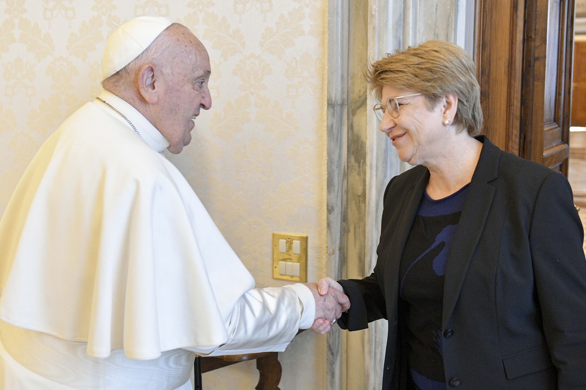 A handout picture provided by the Vatican Media shows Pope Francis during an audience for the President of the Swiss Confederation, Viola Amherd at the Vatican Apostolic Palace, in Vatican City, 04 Ma ...
