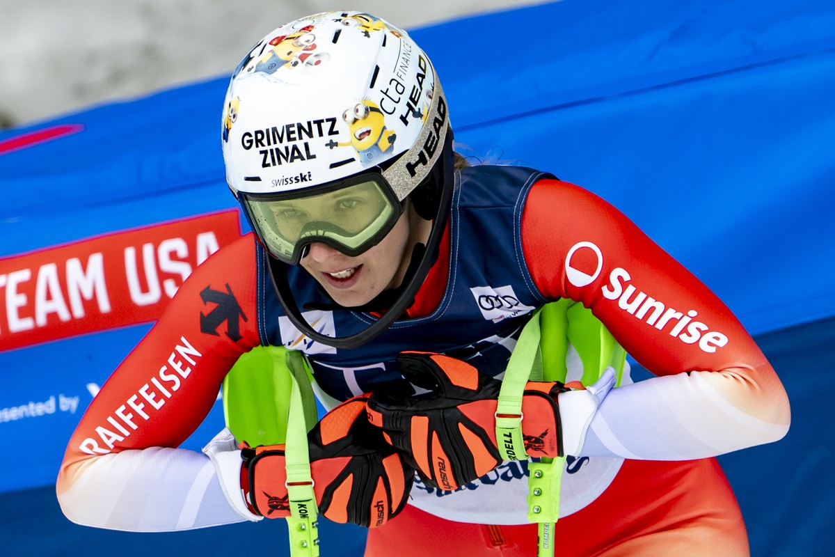 Camille Rast of Switzerland reacts in the finish area during the second run of the women's Slalom race at the FIS Alpine Ski World Cup Finals, in Sun Valley Resort, Idaho, United States, Thursday ...