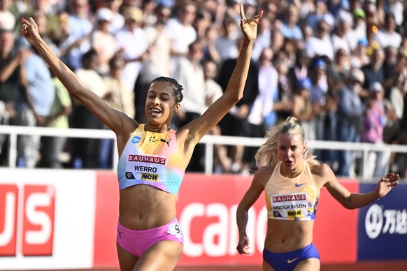 epa13022752 Audrey Werro of Switzerland reacts after winning the women's 800m at the Diamond League athletics meeting in Stockholm, Sweden, 07 June 2026. EPA/Christine Olsson SWEDEN OUT