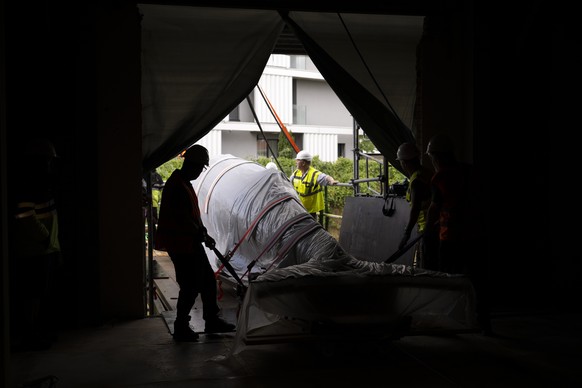 Des employes tirent a l'interieur du futur siege de l'institution en chantier la baleine naturalisee du Musee d'histoire naturelle de Fribourg (MHNF), un rorqual boreal de 11 metres de  ...