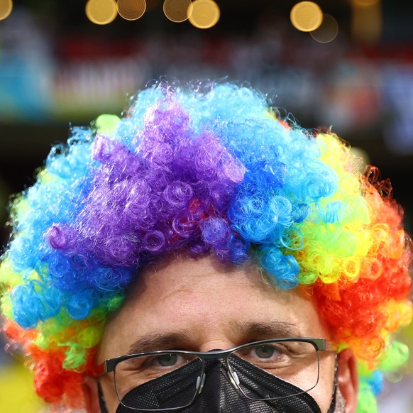 epa09296486 A fan wears a wig in rainbow colours before the UEFA EURO 2020 group F preliminary round soccer match between Germany and Hungary in Munich, Germany, 23 June 2021. EPA/Kai Pfaffenbach / PO ...