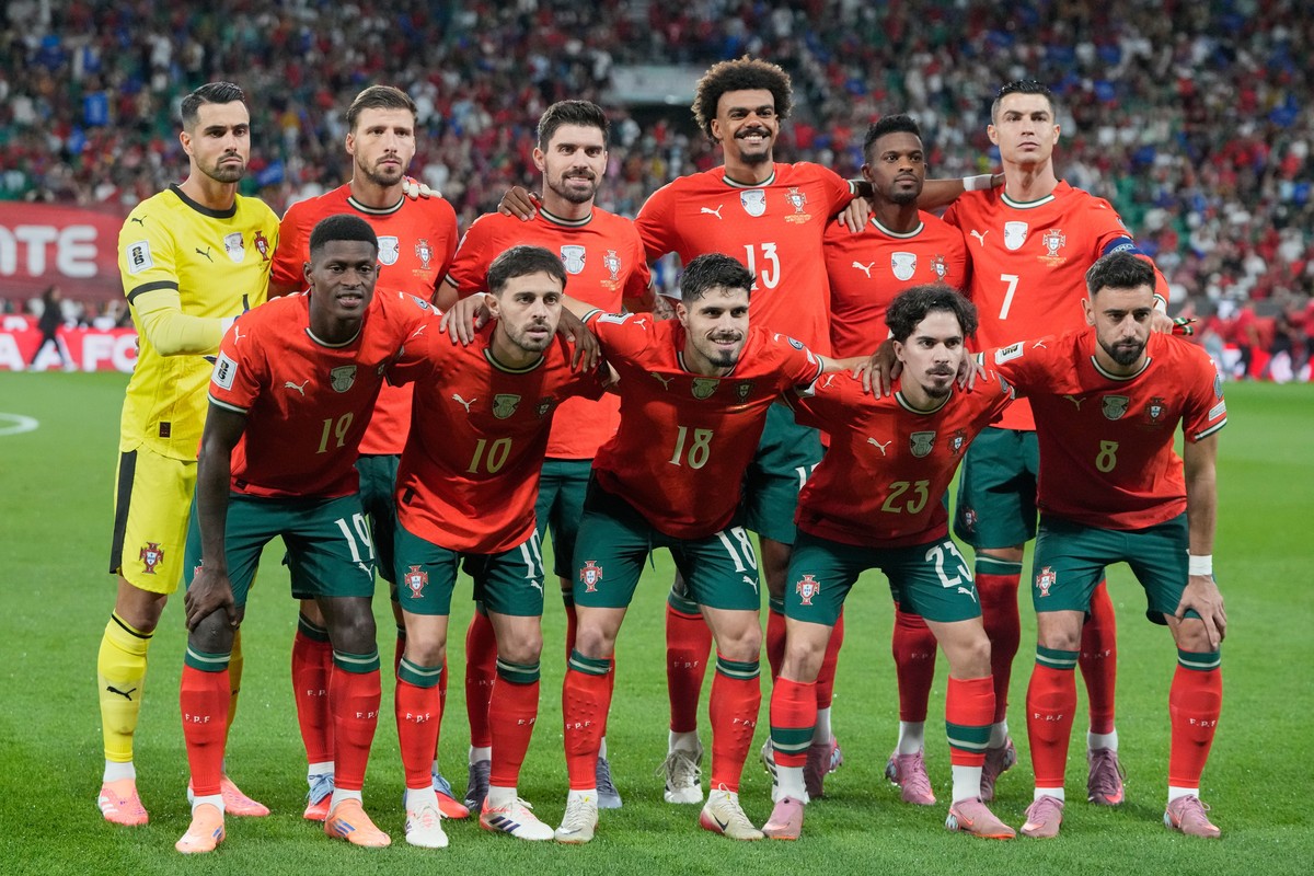FILE - Portugal players pose for a team photo before a World Cup 2026 group F qualifying soccer match between Portugal and Hungary in Lisbon, Tuesday, Oct. 14, 2025. (AP Photo/Armando Franca, File)
WC ...