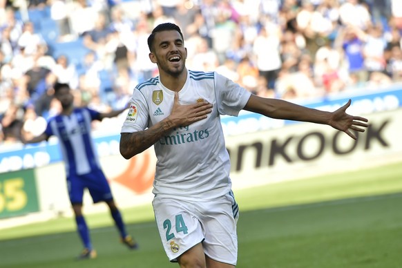 Real Madrid's Dani Ceballos celebrates his second goal after scoring against Alaves during the Spanish La Liga soccer match between Real Madrid and Alaves, at Mendizorra stadium, in Vitoria, northern  ...